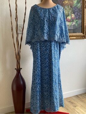 Blue Lace Fits Large to XL Overlay Long Gown Dress
